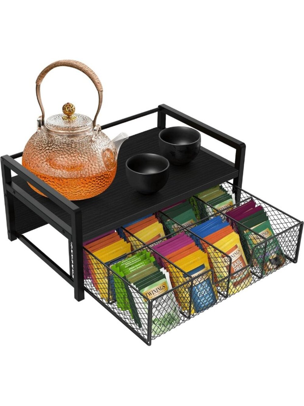 Stylish Wood Tea Bag Organizer with Drawer - 8 Compartment Storage Caddy for